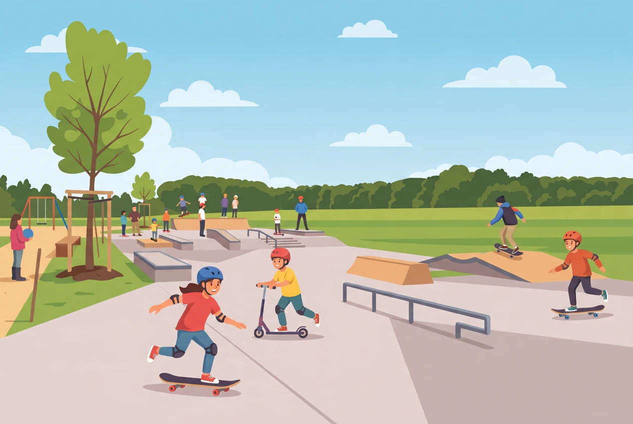 Illustration du skatepark et de la place de jeux du centre sportif de Mies : skatepark en béton avec rampes, modules et rail, place de jeux adjacente, arbres et champs, avec enfants à skateboard et trottinette.
