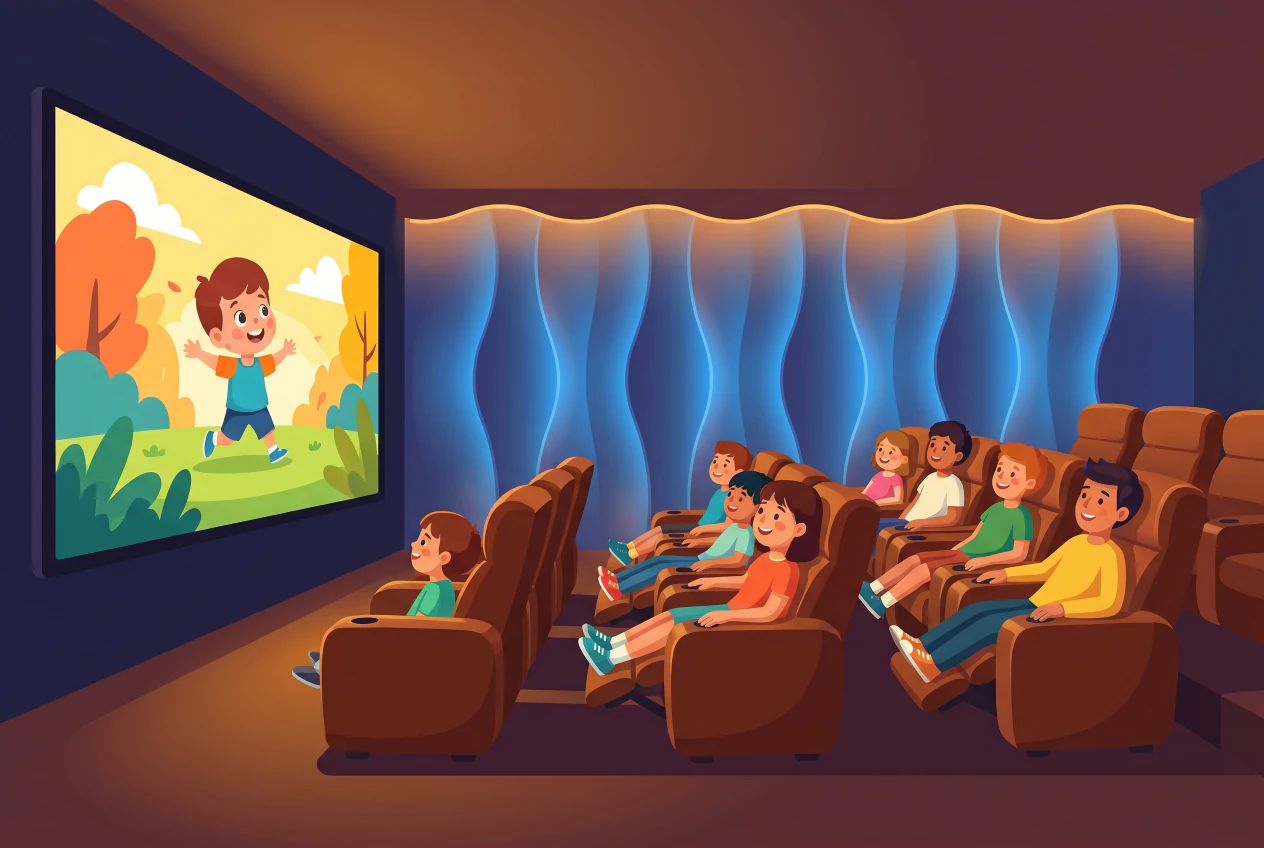 Illustration de la salle du Ciné 17 à Genève : enfants installés dans les fauteuils en cuir inclinables face au grand écran, avec le mur acoustique ondulé bleu lumineux