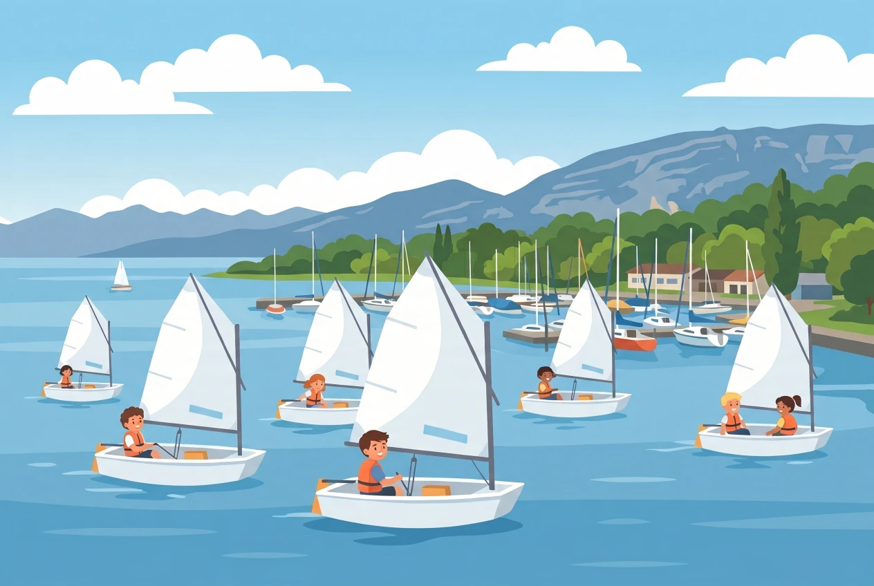 Illustration du Club Nautique de Founex sur le lac Léman : flottille de petits Optimists à voile blanche menés par des enfants en gilets de sauvetage, petit port avec bateaux amarrés et montagnes au loin.