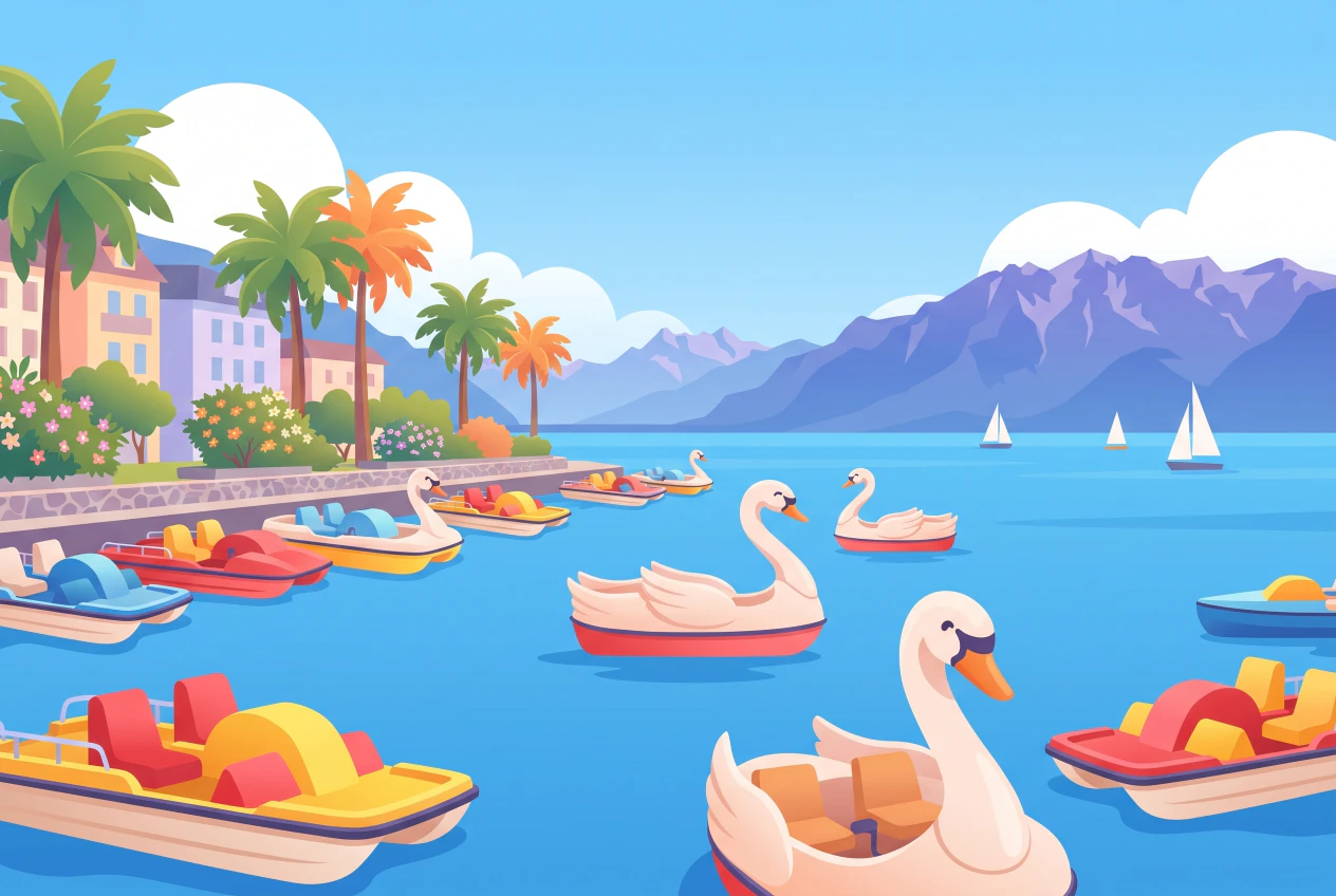 Illustration de pédalos colorés sur le Léman à Vevey, sur les quais de la Riviera