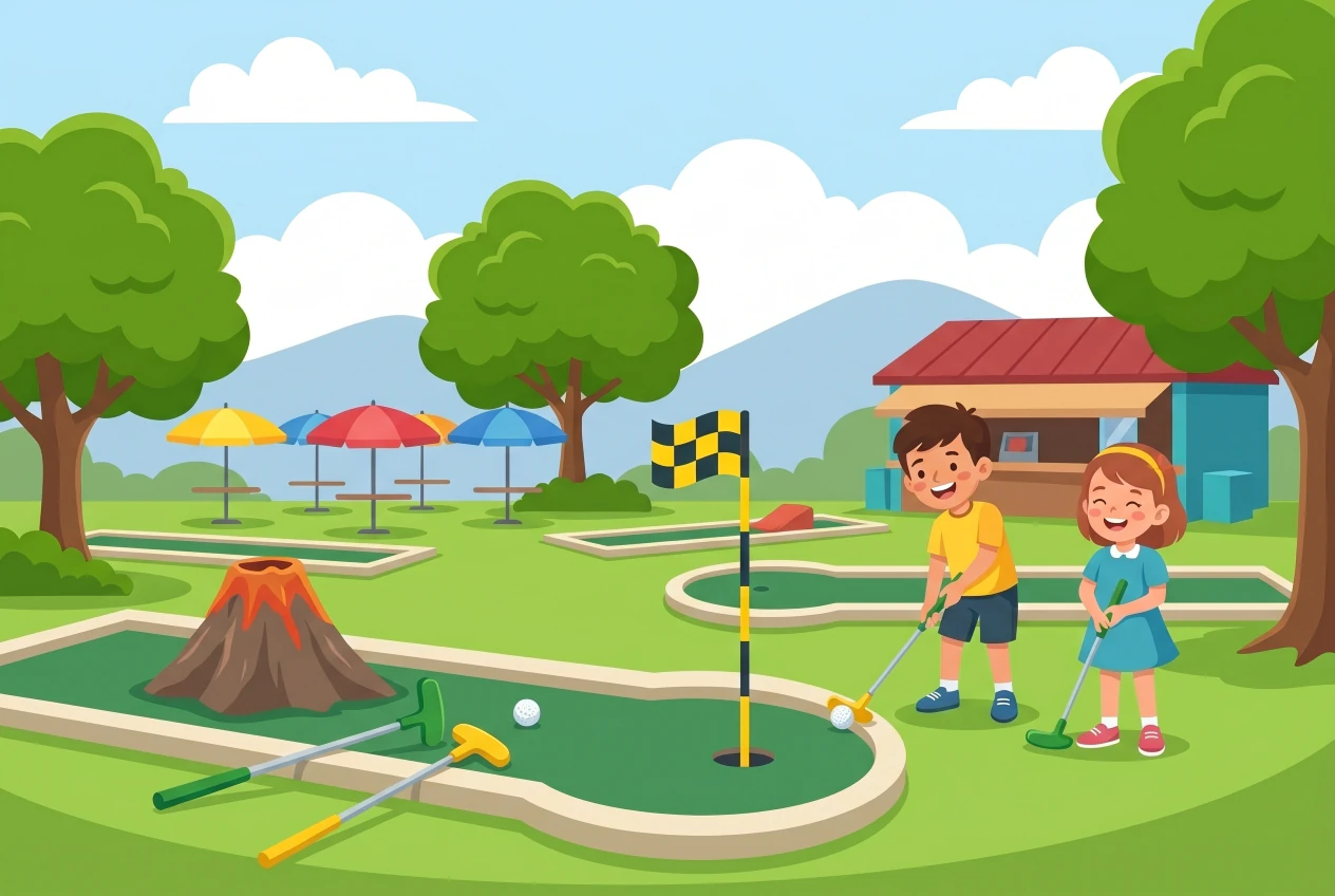 Illustration du Mini-Golf de La Chaux-de-Fonds : parcours de minigolf en plein air aux pistes vertes dans un parc arboré, avec un obstacle volcan, des parasols colorés, une buvette et des enfants qui jouent.