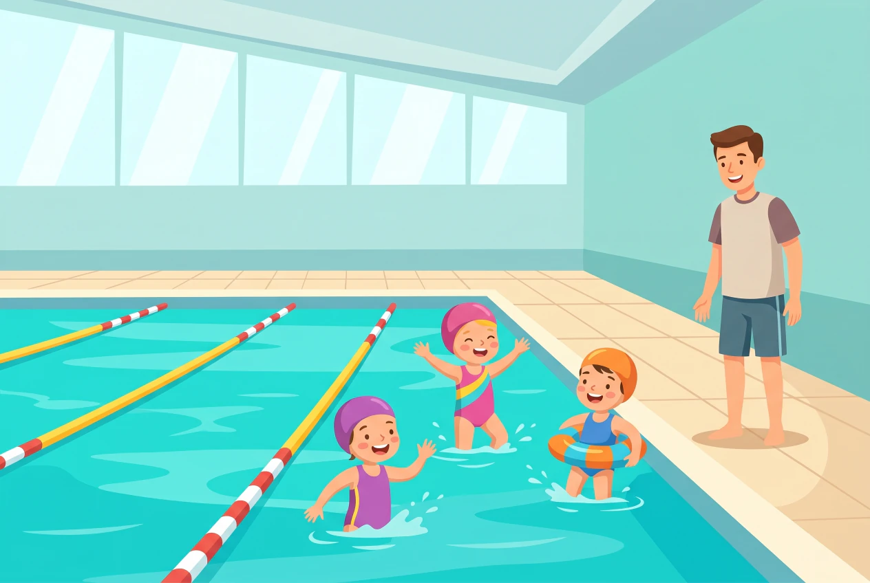 Illustration plate de la piscine couverte d'Onex-Parc: grand bassin intérieur avec lignes d'eau colorées, enfants joyeux en maillot et bonnet de bain qui barbotent, un parent les surveille au bord du bassin.