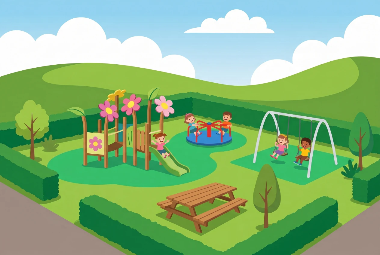Illustration de la place de jeux des Cerisiers à Tannay : petite aire de village avec toboggan, tourniquet et balançoires, entourée de haies vertes, enfants qui jouent