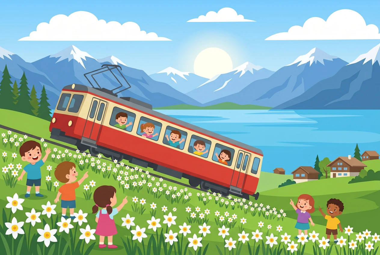 Illustration du train à crémaillère Vevey - Les Pléiades grimpant à travers une prairie de narcisses, avec le lac Léman et les Alpes enneigées en arrière-plan et des enfants qui regardent passer le train