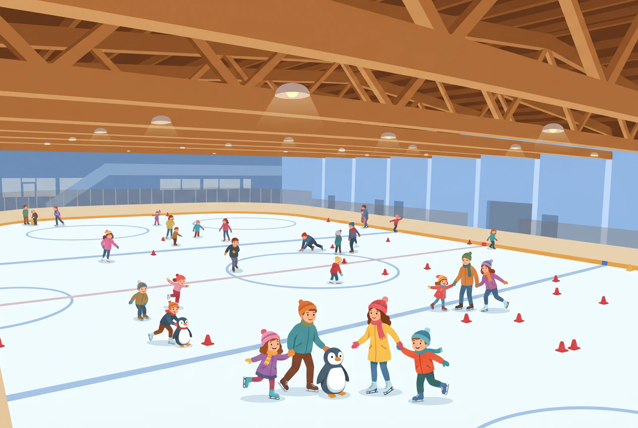 Illustration plate du patinage public à la patinoire Saint-Léonard de Fribourg : halle de glace couverte à charpente en bois apparente, familles et enfants qui patinent, débutants avec aides pingouins