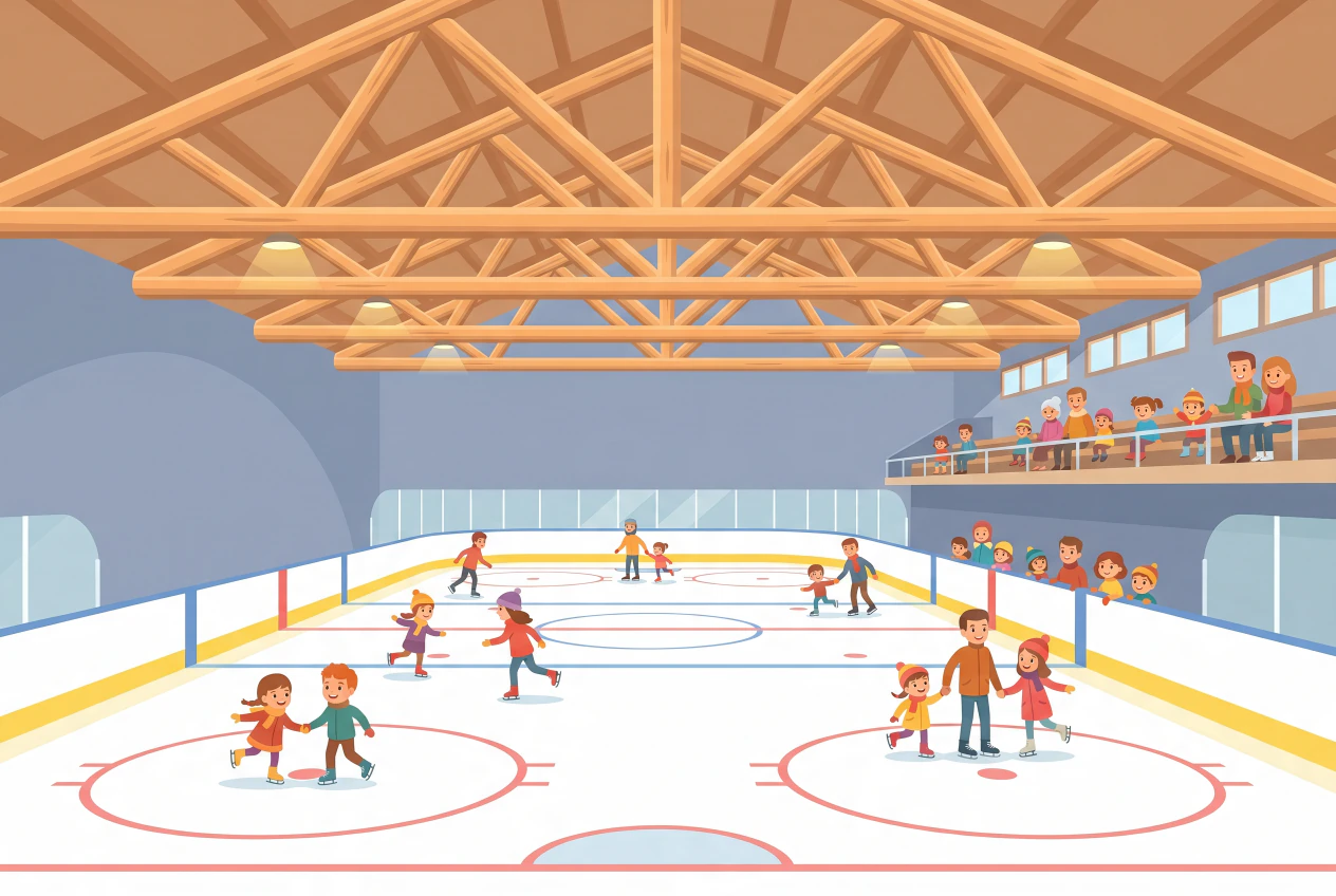 Illustration de la patinoire couverte de Terre Sainte a Coppet : glace interieure sous une charpente en bois, enfants qui patinent et familles en tribune