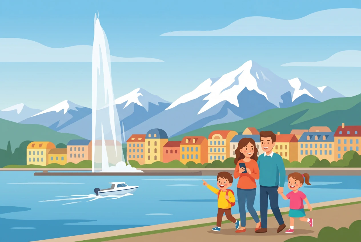 Illustration plate de la rade de Geneve avec le Jet d'Eau, le lac Leman, les quais et les Alpes enneigees
