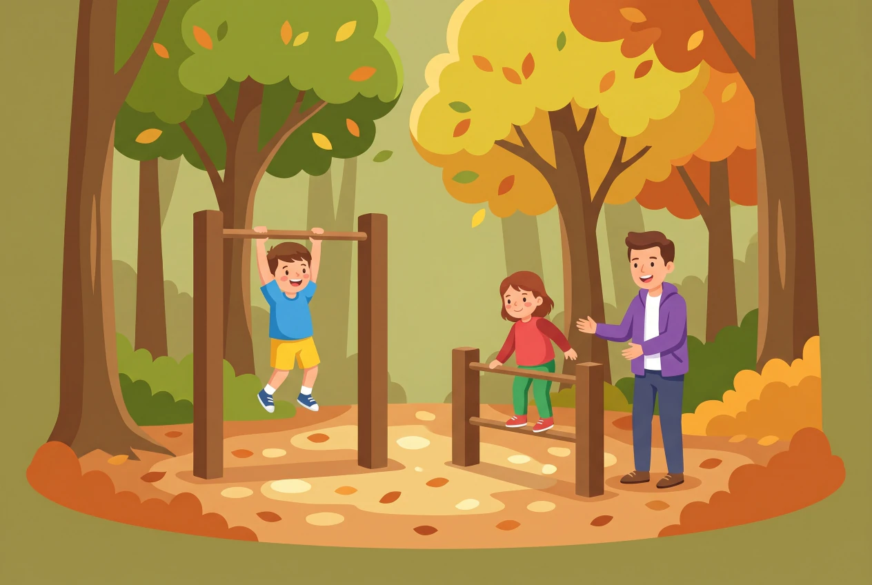 Illustration plate du Parcours Vita de Vernier dans la forêt du Bois-des-Frères : des enfants s'amusent sur les barres fixes et parallèles en bois le long du sentier couvert de feuilles, encouragés par un parent.