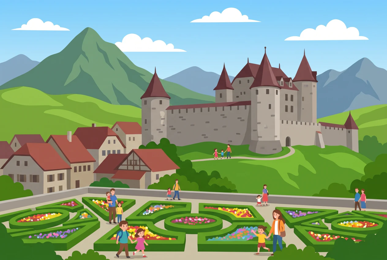 Illustration du Château de Gruyères : le château médiéval aux tours coiffées de toits pointus sur sa colline verdoyante, la cité médiévale à ses pieds et les Préalpes fribourgeoises en fond, avec son jardin fleuri où se promènent des familles.