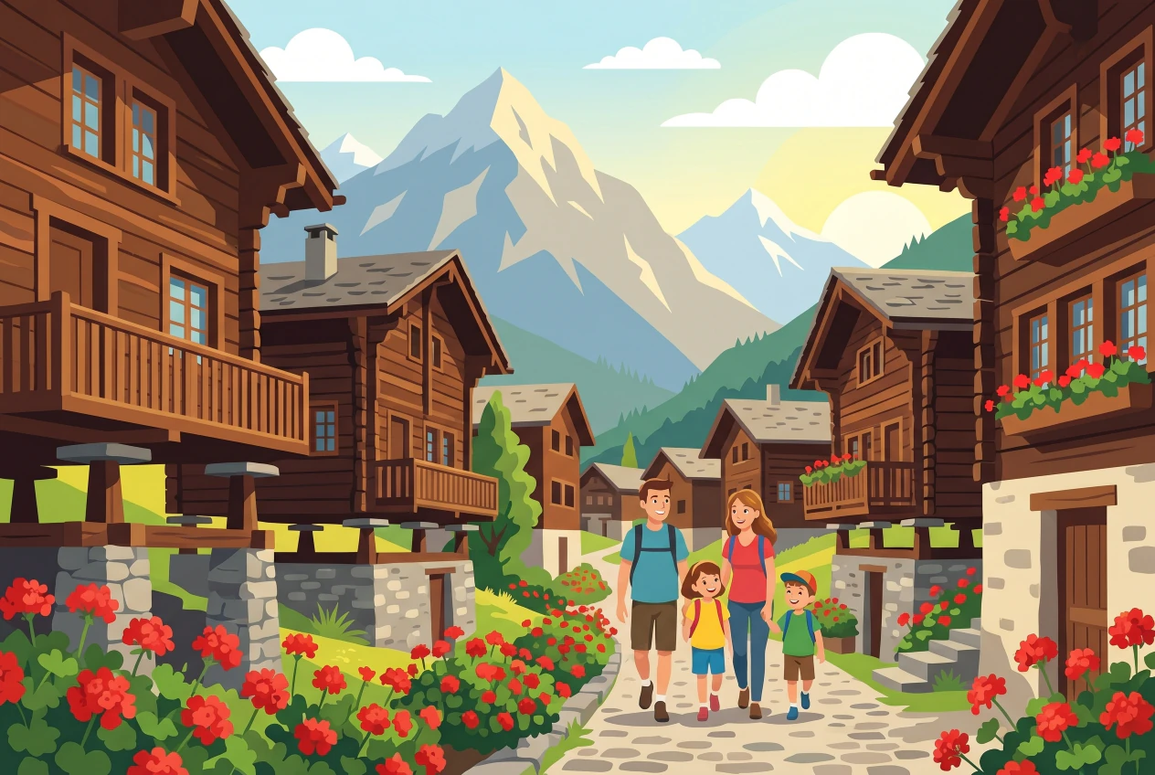 Illustration plate de vieux village de Grimentz, chalets de meleze noircis et ruelles fleuries de geraniums