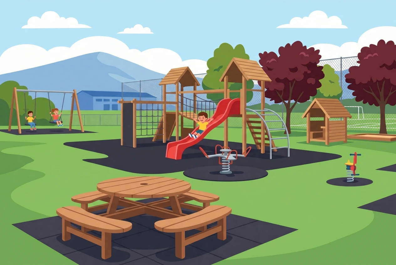 Illustration de la place de jeux clôturée du Centre sportif de Crans-près-Céligny : tours en bois, toboggan rouge, balançoires et table de pique-nique, enfants qui jouent