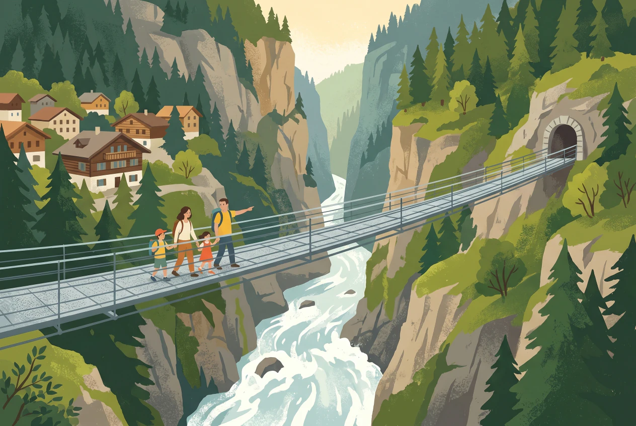 Illustration des Gorges de la Vièze à Monthey : longue passerelle suspendue au-dessus du torrent, famille en balade, gorge boisée