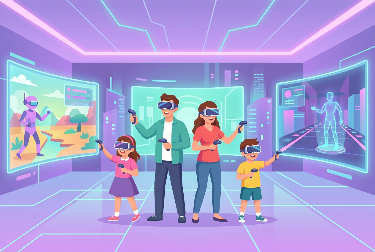 Illustration plate de la salle de realite virtuelle Second World a Ecublens, une famille avec casques VR et ecrans futuristes