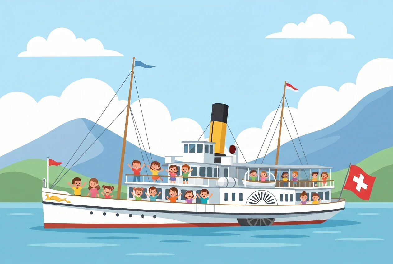 Illustration of a Belle Époque boat from CGN, with paddle wheel and Swiss flag, sailing on Lake Geneva with families on board.