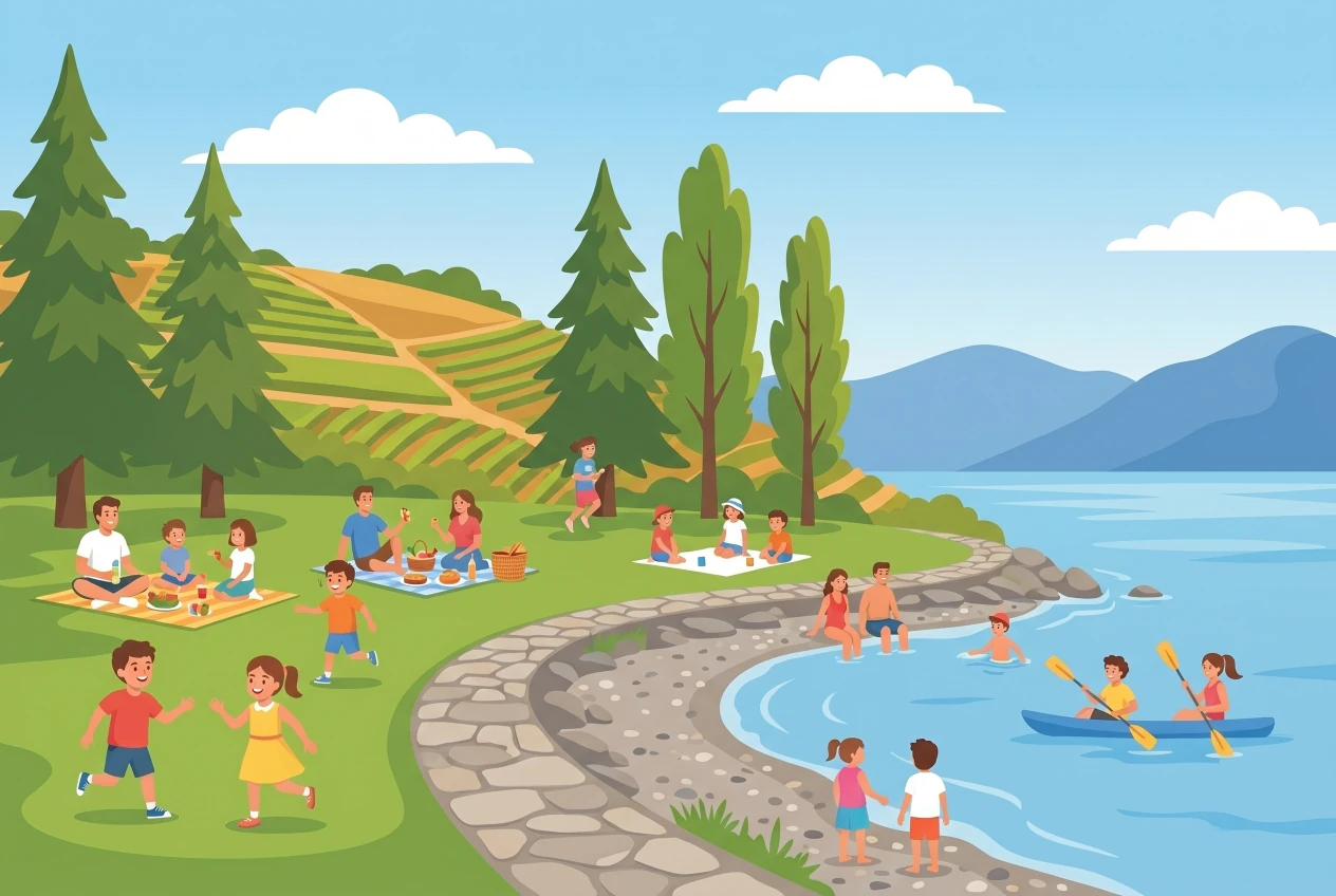Illustration de la plage de Moratel à Cully au bord du Léman, pelouse et vignes de Lavaux