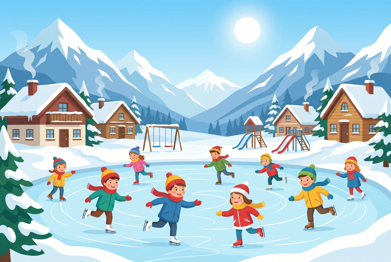 Illustration plate de la patinoire d'Anzere sur la place du village, enfants patinant en hiver