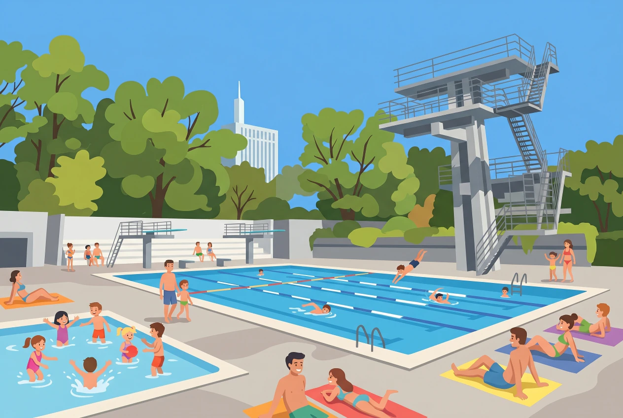 Illustration de la piscine des Vernets aux Acacias à Genève: grands bassins extérieurs bleus, haute tour de plongeoirs grise, pataugeoire et enfants qui se baignent au soleil.