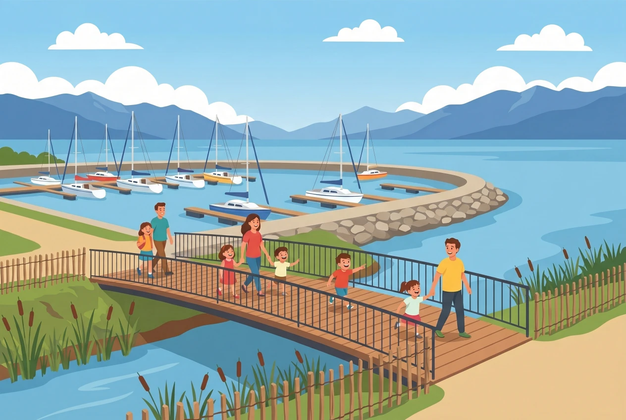 Illustration du nouveau port du Torry et des rives renaturées de Mies-Tannay : passerelle en bois et promenade au-dessus d'un cours d'eau bordé de roseaux, digue et pontons avec voiliers amarrés, familles en balade au bord du lac Léman.