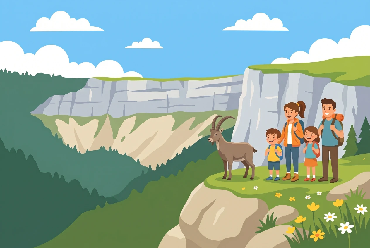 Illustration du Creux du Van à Noiraigue (Val-de-Travers, Neuchâtel) : le vaste cirque rocheux en fer à cheval aux hautes falaises calcaires, un bouquetin sur le plateau et une famille de randonneurs admirant l'amphithéâtre naturel.