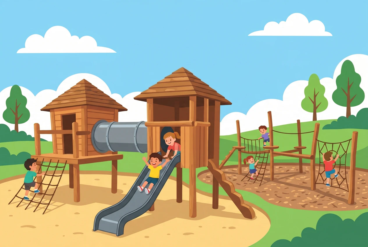 Illustration de la place de jeux du Parc Marguerite à Commugny : cabanes en bois reliées par un tunnel, toboggan et structure d'escalade à cordes, enfants qui jouent