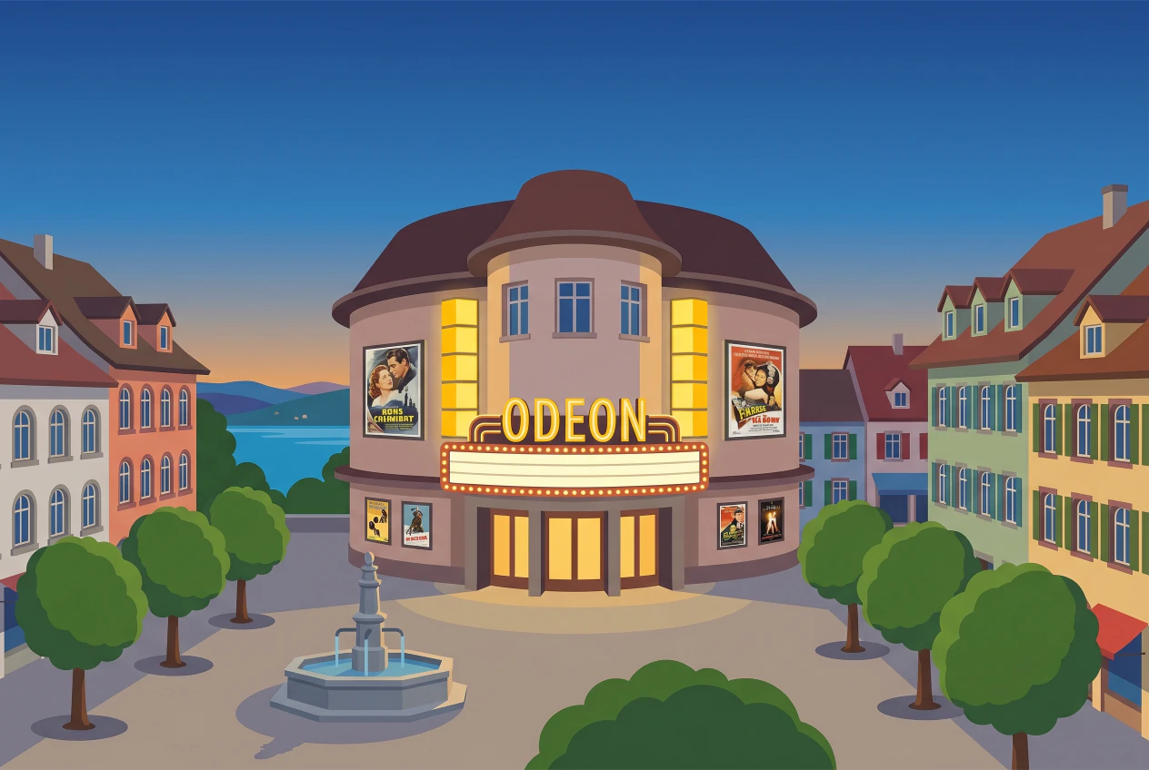 Illustration de la façade du cinéma Odéon à Morges, enseigne lumineuse sur une place arborée avec fontaine près du lac au crépuscule