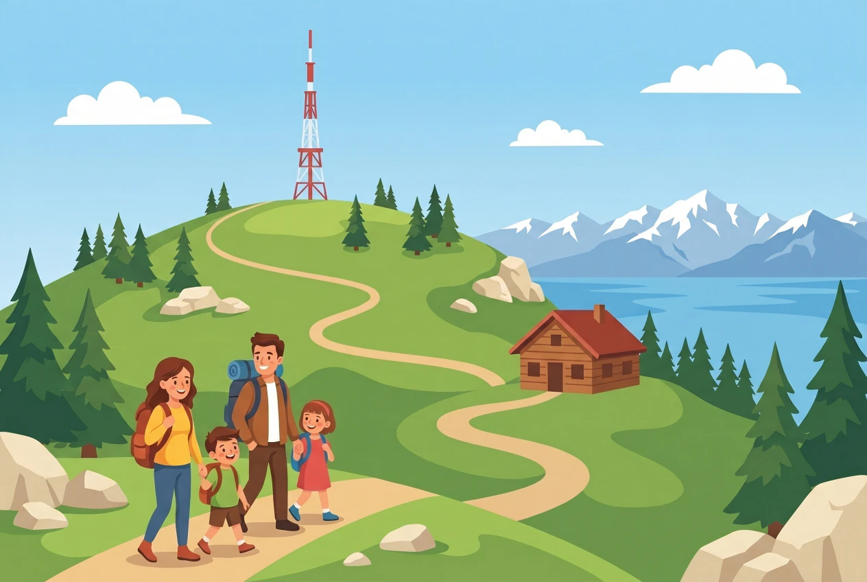 Illustration du sommet de La Barillette au-dessus de Saint-Cergue : antenne, pâturages du Jura, chalet refuge et vue sur le lac Léman et les Alpes, avec une famille en balade