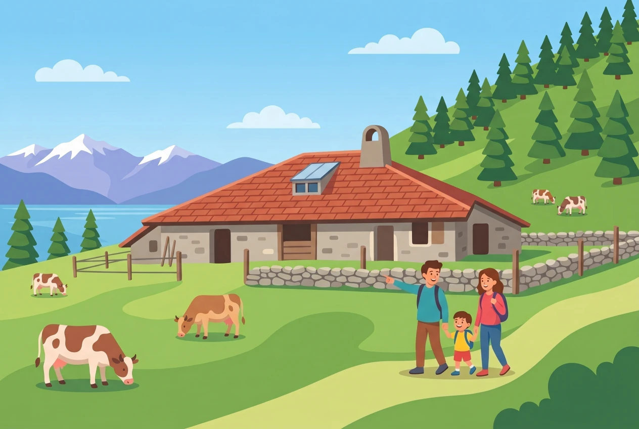 Illustration du sentier des alpages à Bassins : chalet d'alpage en pierre, vaches au pâturage, murs de pierres sèches et vue sur le lac Léman et les Alpes, avec une famille en balade