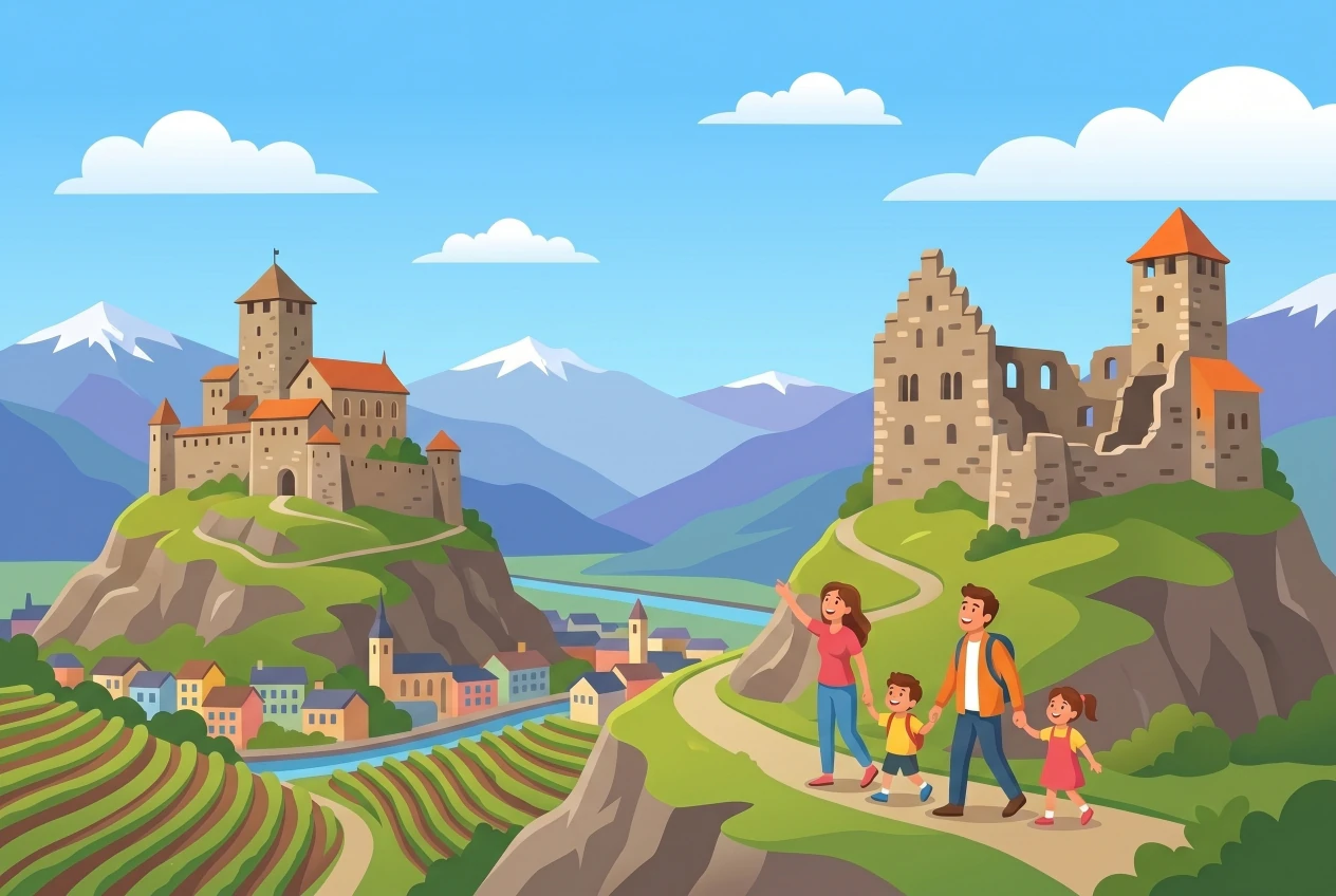Illustration des châteaux de Valère et Tourbillon perchés sur leurs deux collines au-dessus de Sion, avec une famille en balade, les vignes et les montagnes du Valais