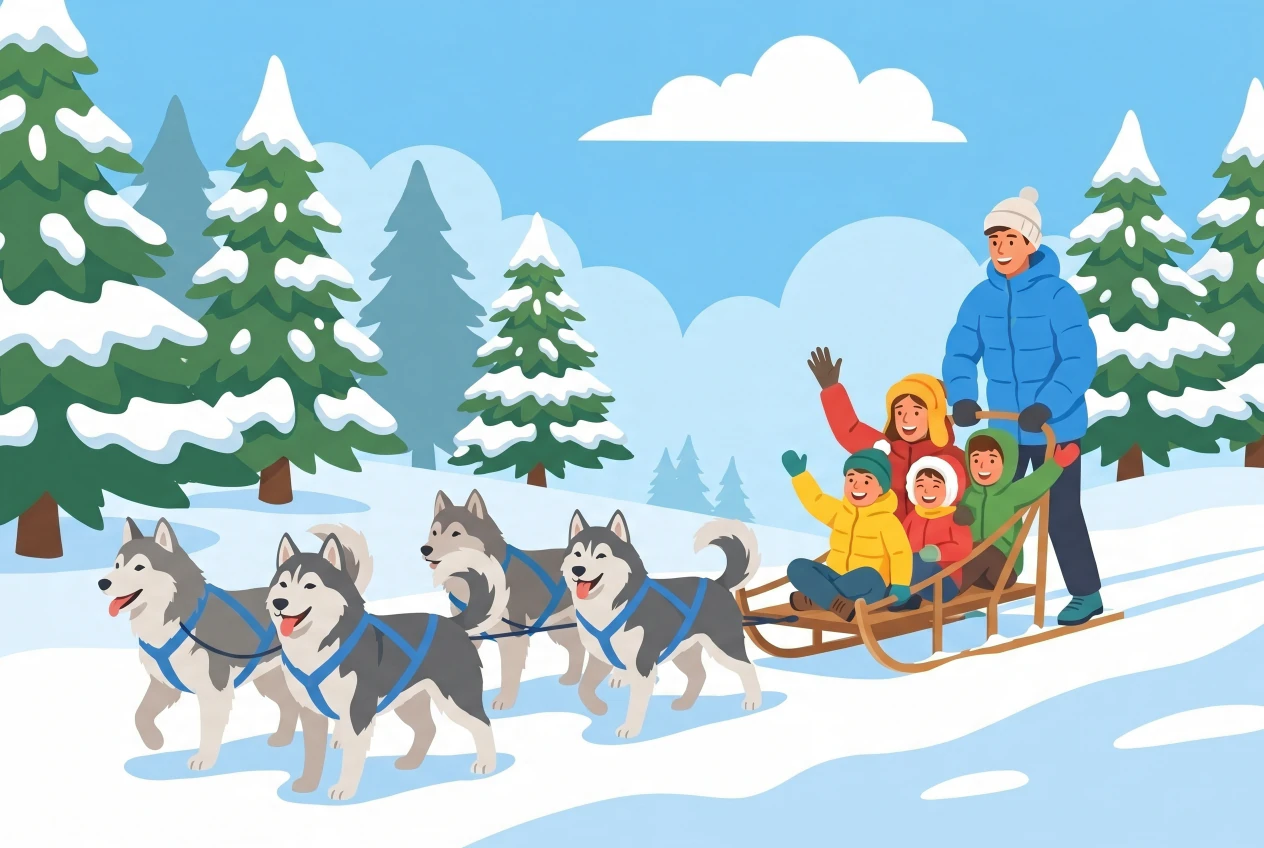 Illustration of a dog hiking with sled dogs in Saint-Cergue: a team of huskies pulling a sled with joyful children in the snowy forest of the Jura