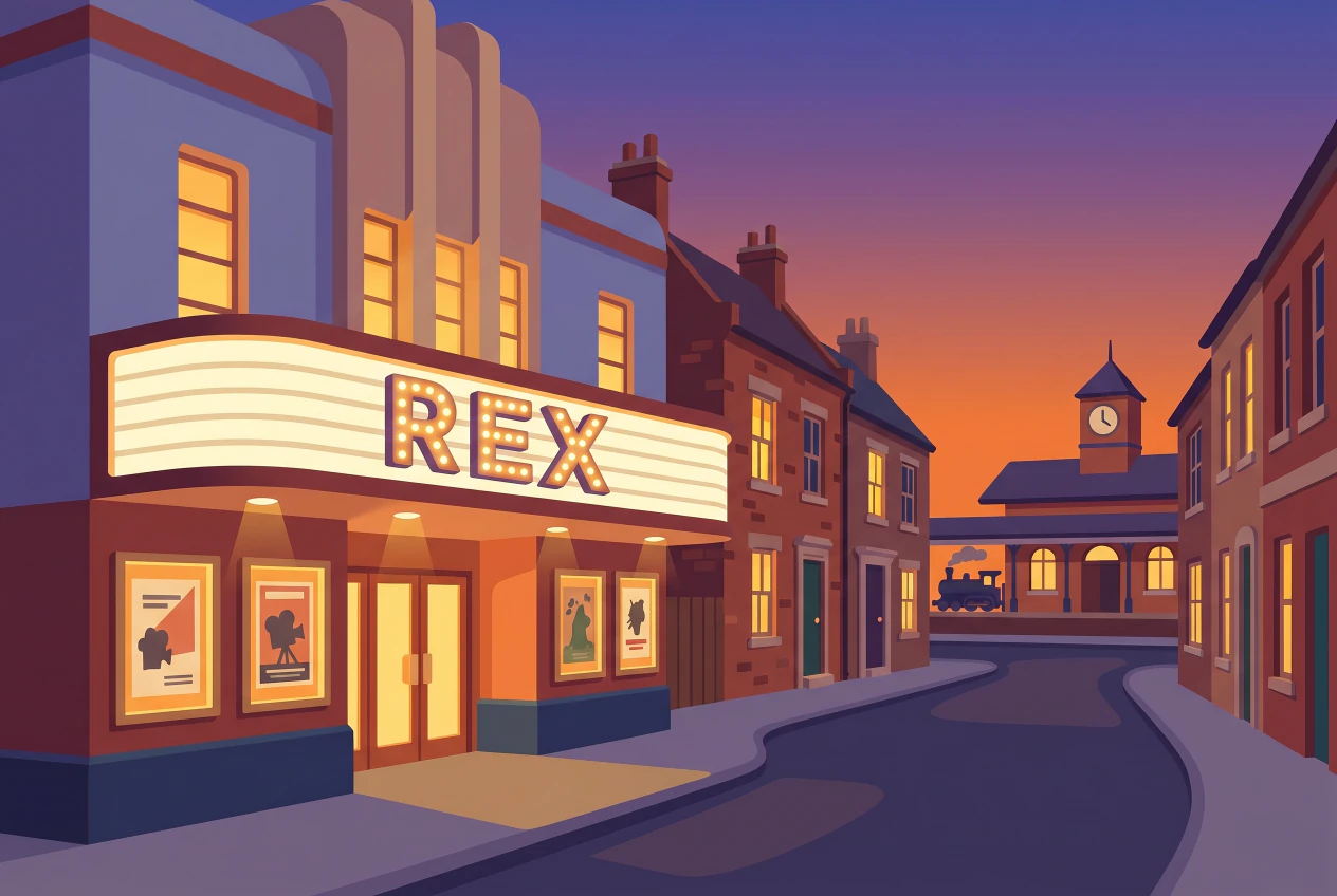Illustration du cinéma Rex à Vevey, enseigne lumineuse REX et affiches, rue de centre-ville avec gare au crépuscule