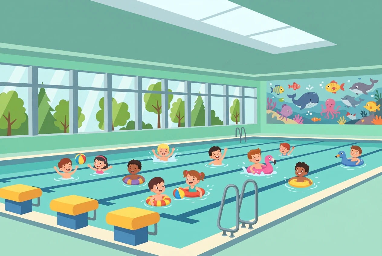 Piscine couverte de Livron a Meyrin : bassin interieur, plots de depart jaunes et bleus, baie vitree sur les arbres, fresque de poissons et enfants qui nagent.