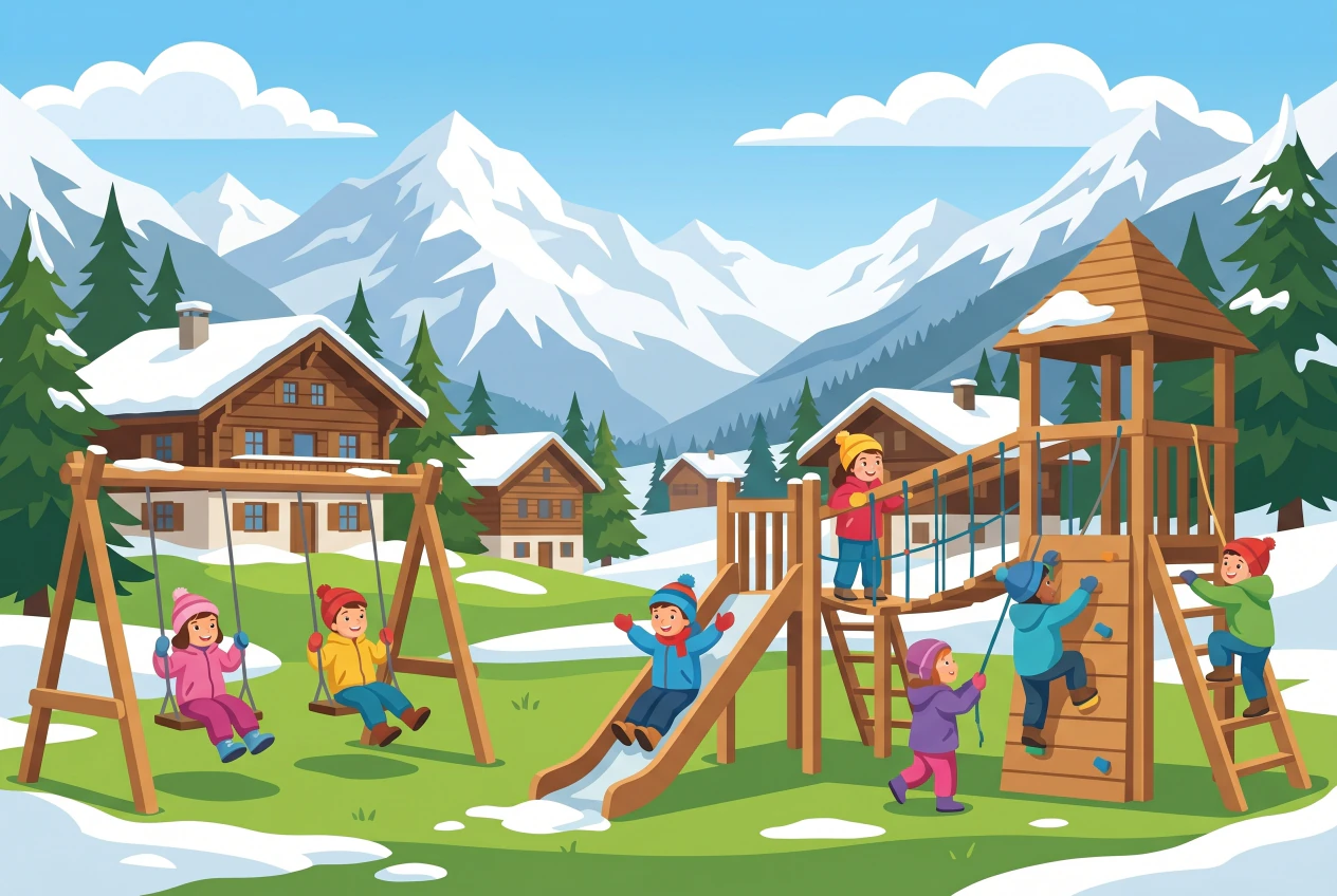 La place de jeux du Clos des Frès à Grimentz : balançoires, toboggan et structures à grimper