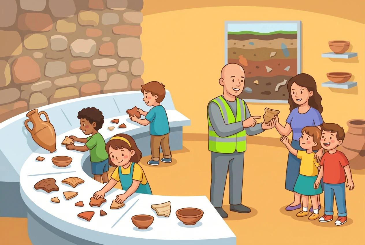 Illustration de l'ArchéoLab de Pully : des enfants manipulent des tessons de poterie et une amphore sur une table interactive dans les vestiges en pierre de la villa romaine, avec un guide en gilet vert