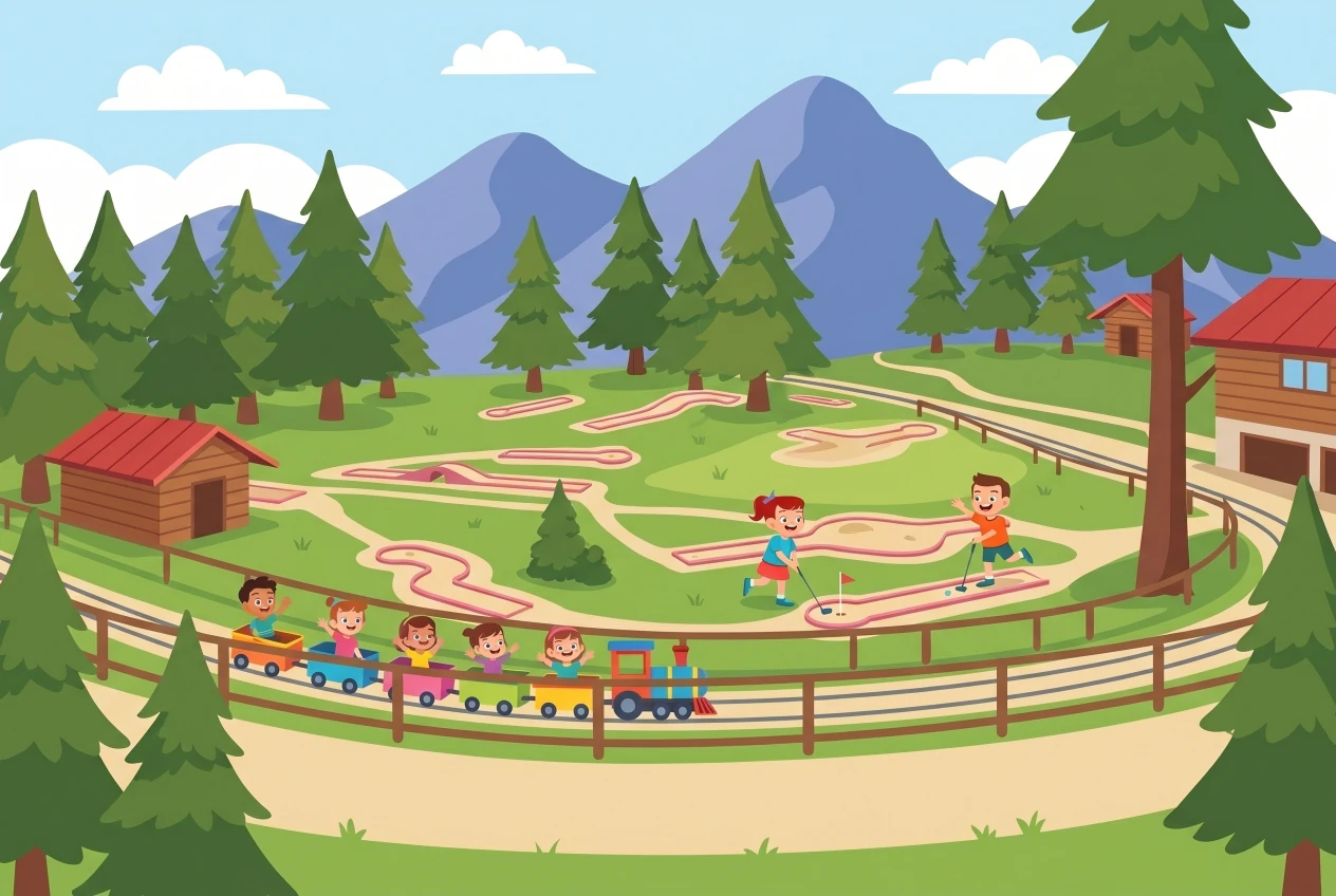 Illustration du Gryon Parc à La Barboleuse : minigolf géant en terrasses dans un cadre boisé alpin, petit train avec enfants et chalets en bois