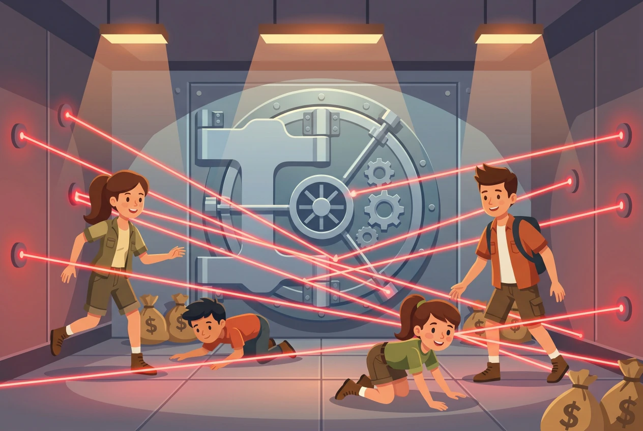 Illustration plate de laser game LaseRed a Etoy, enfants franchissant des rayons laser rouges dans un coffre de banque