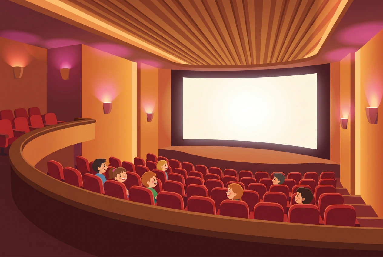 Illustration de la salle du Cinérama Empire à Genève: grand écran panoramique courbe, rangées de fauteuils rouges et galerie, avec des enfants qui regardent le film