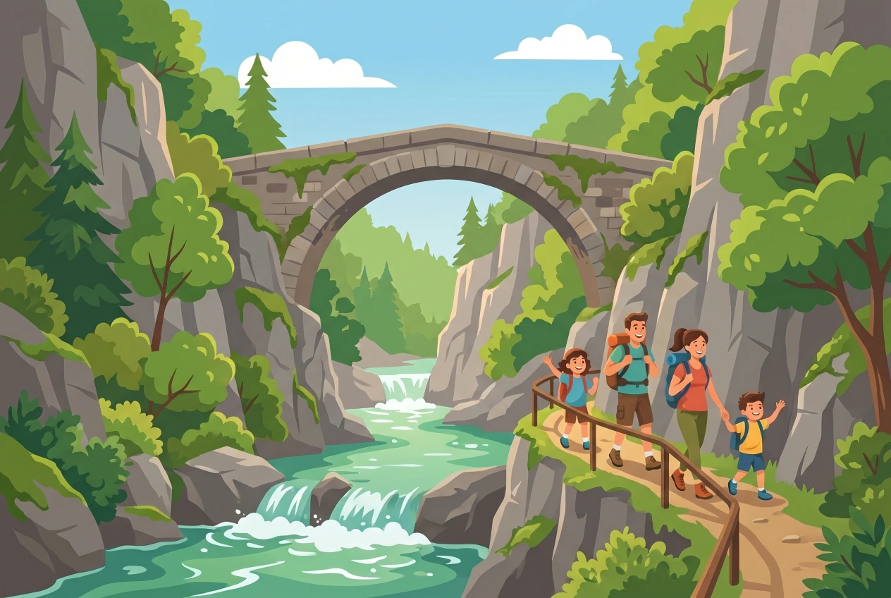 Illustration des Gorges de l'Areuse a Boudry : une famille en randonnee sur le sentier longeant la riviere turquoise, avec cascades, parois rocheuses boisees et le celebre pont de pierre en arche du Saut de Brot