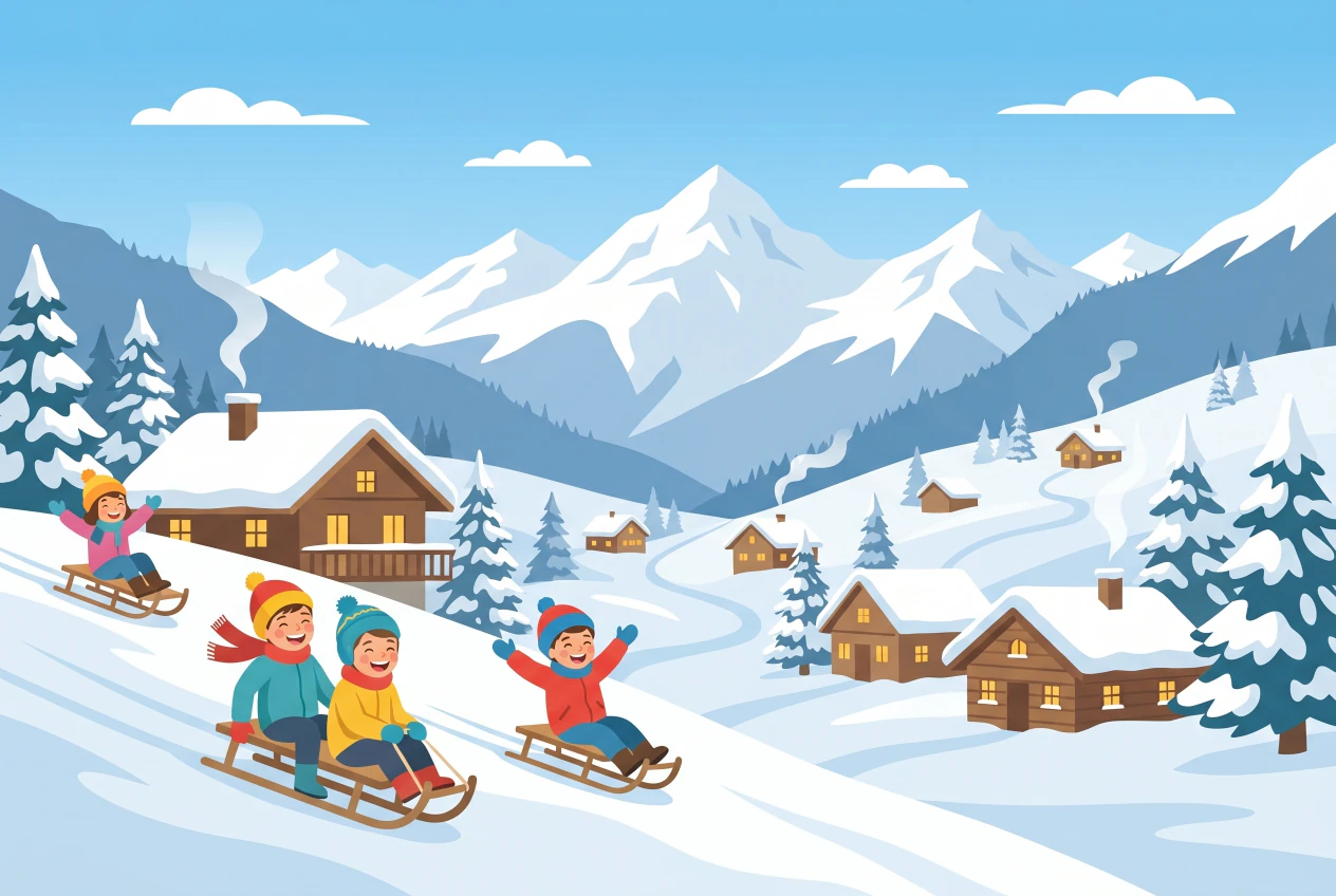 Illustration plate de la piste de luge de Vercorin, enfants descendant une pente enneigee vers le village en hiver