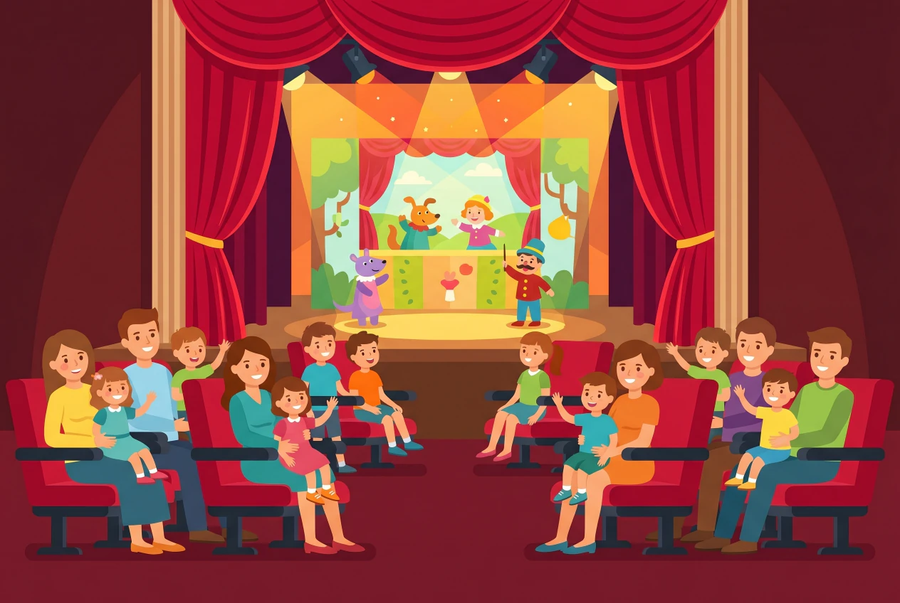 Illustration plate de Theatre du Pre-aux-Moines a Cossonay, enfants assistant a un spectacle