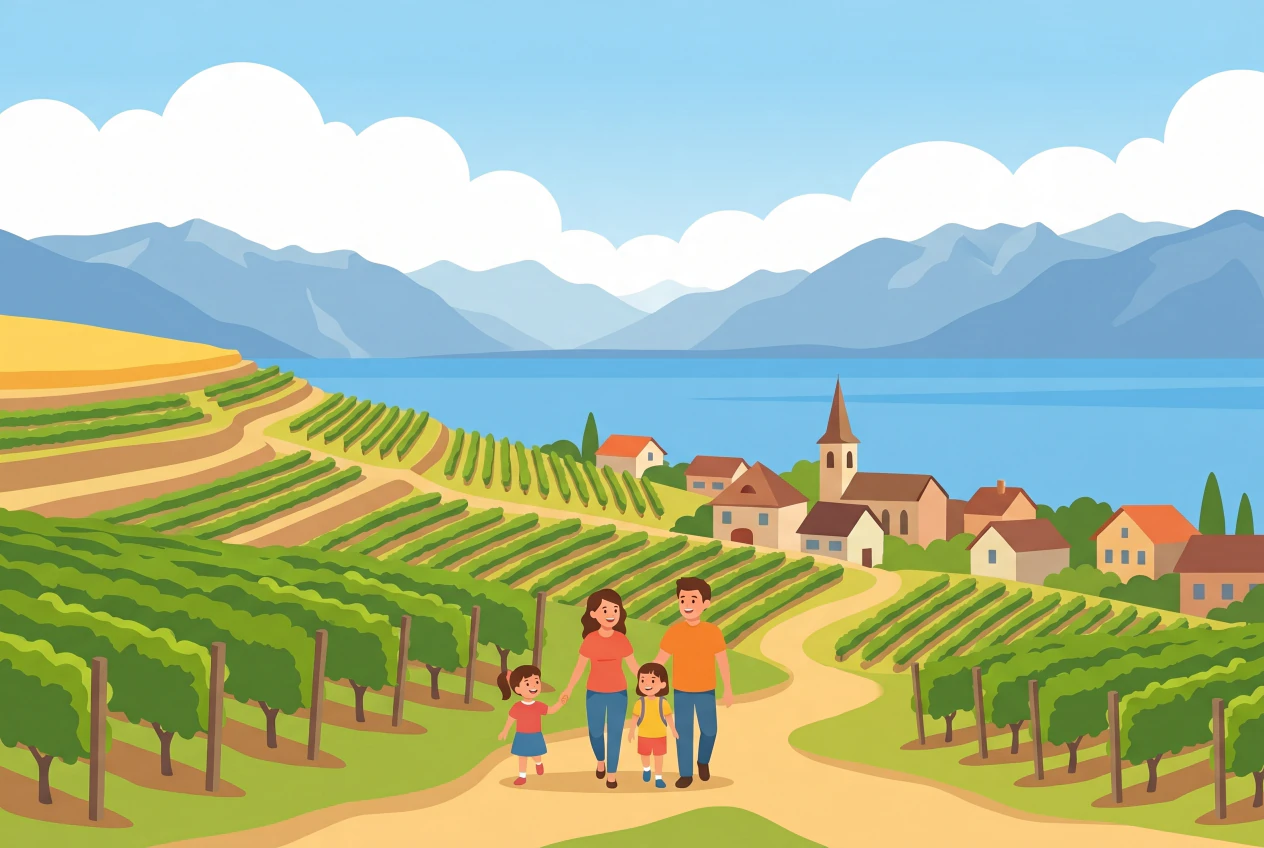 Illustration de la balade œnotouristique entre Luins et Vinzel : rangs de vigne en terrasses de La Côte, village viticole avec clocher, lac Léman et Alpes au loin, une famille se promène.