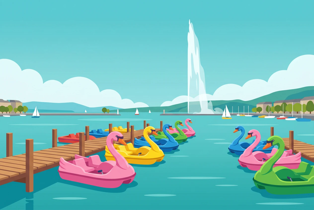 Illustration de pédalos colorés dans la rade de Genève, face au Jet d'eau
