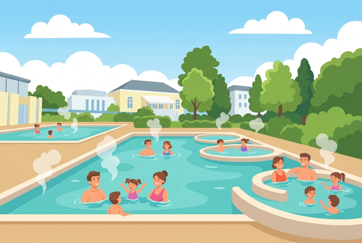 Illustration des bassins thermaux extérieurs chauffés du Centre thermal d'Yverdon-les-Bains, avec de la vapeur, de la verdure et des familles détendues qui se baignent