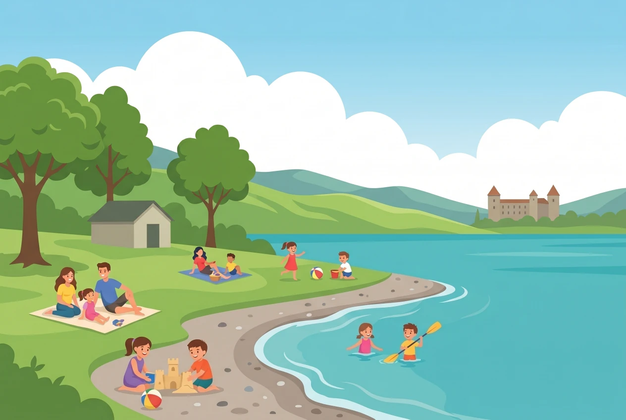 Illustration de la plage de Bellerive à Grandson : pelouse ombragée et plage de galets au bord du lac de Neuchâtel, familles et enfants qui jouent et se baignent, collines du Jura et silhouette du château de Grandson au loin