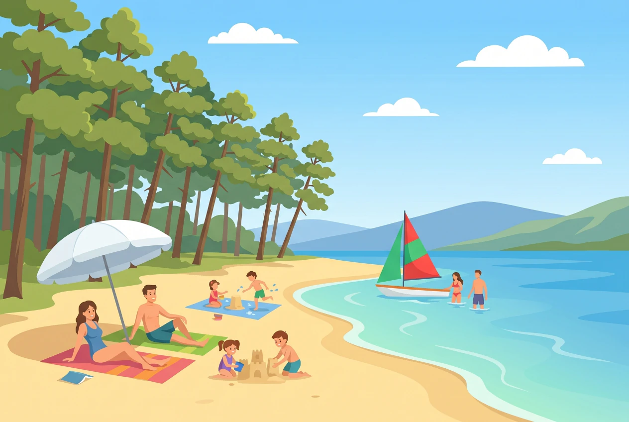 Illustration des plages de sable d'Yvonand : sable fin doré bordé de pins, eau turquoise peu profonde du lac de Neuchâtel, enfants qui pataugent et bâtissent des châteaux de sable, petit voilier près du rivage