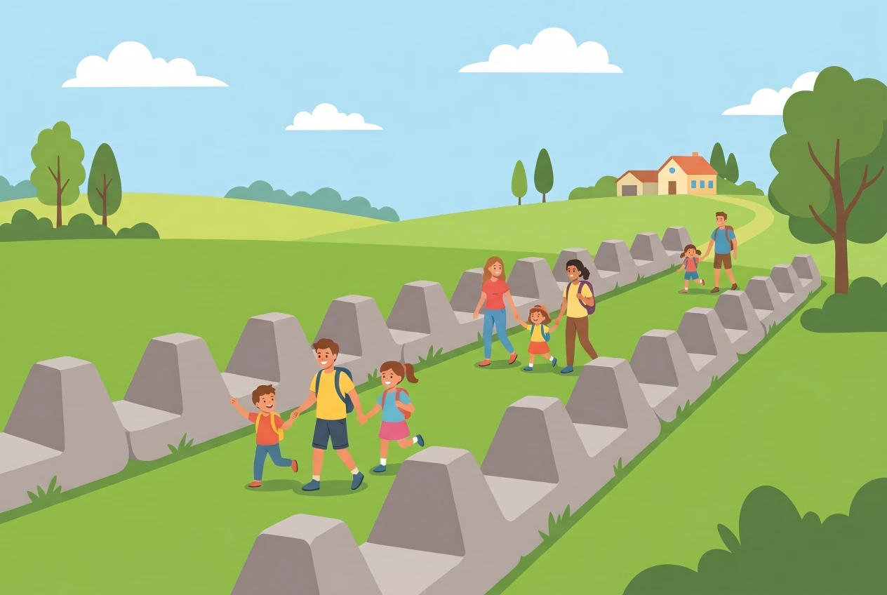 Illustration of the Toblerone Trail in Prangins: a double row of concrete anti-tank blocks winding through a green meadow, a family is walking there.