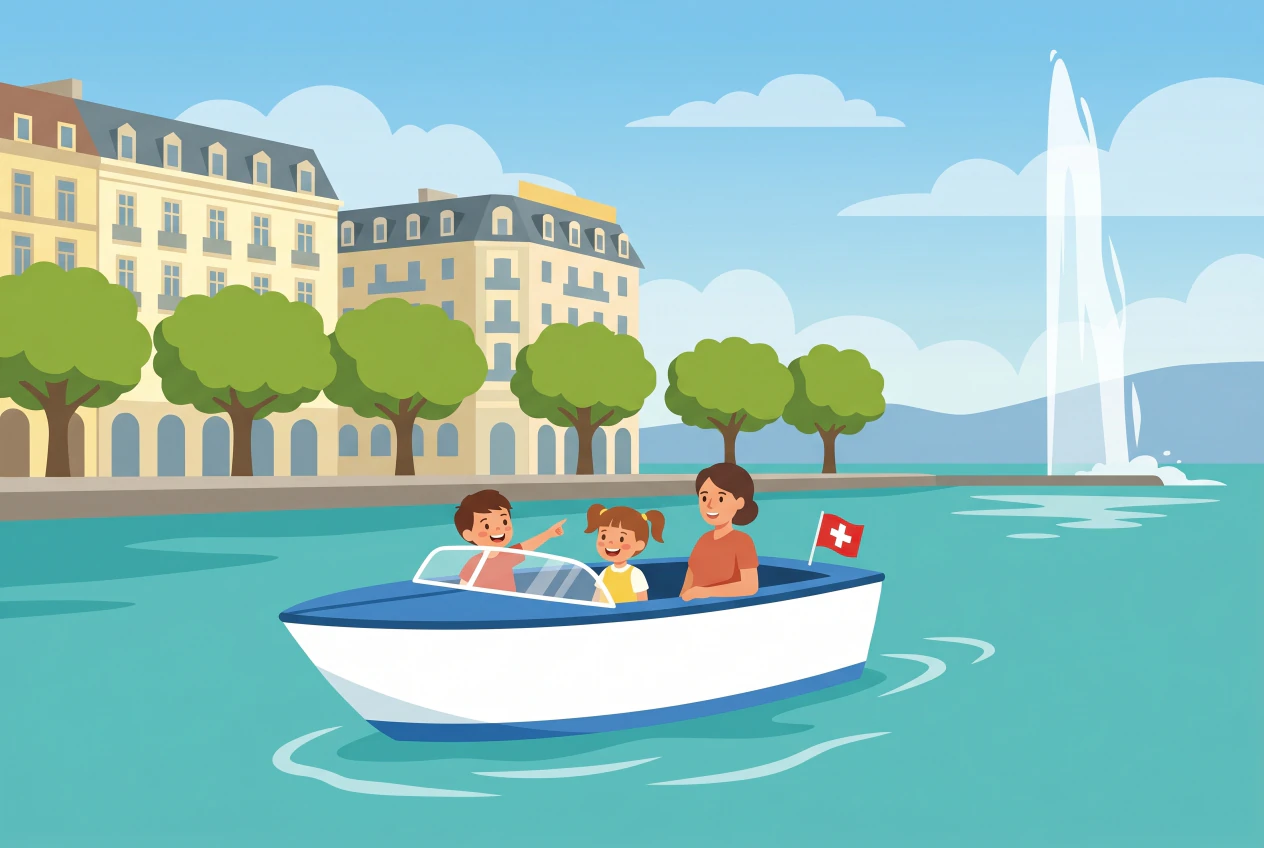 Illustration plate: petit bateau blanc et bleu des Corsaires sur le lac Léman face au Jet d'eau de Genève, des enfants ravis à bord devant les quais des Eaux-Vives bordés d'arbres et d'immeubles Belle Epoque