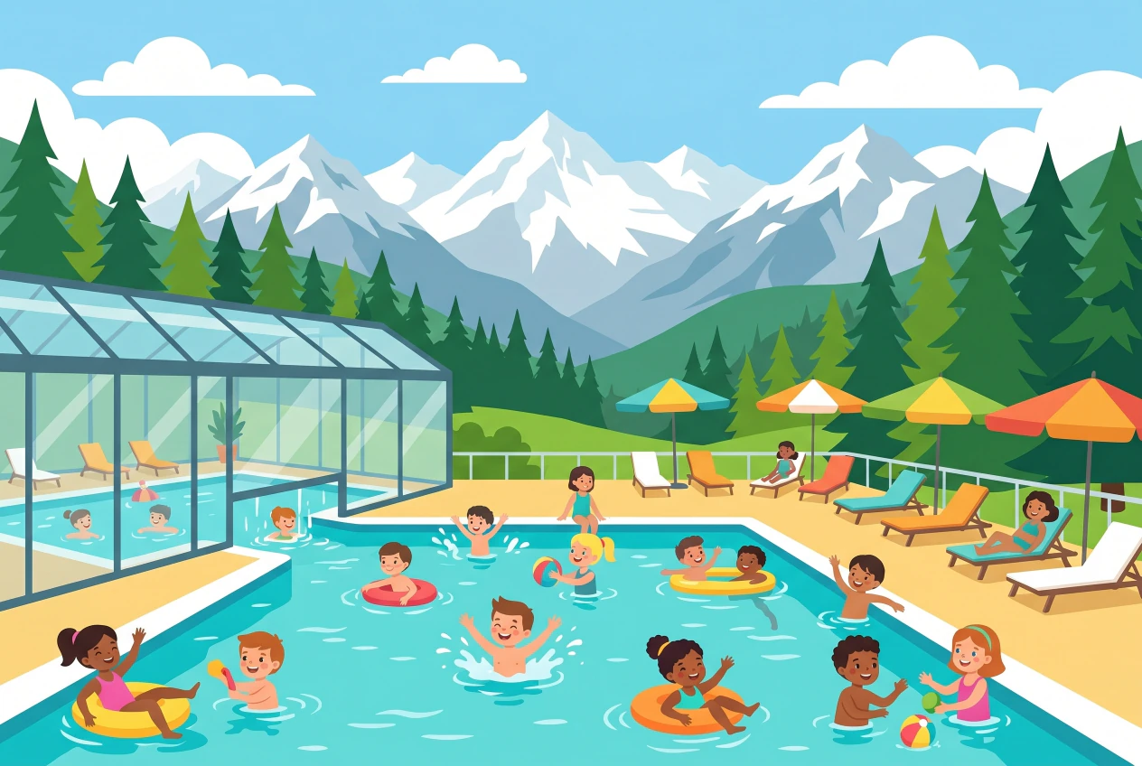 Illustration plate de l'Espace Bains d'Anzere, piscine de montagne chauffee avec enfants qui nagent