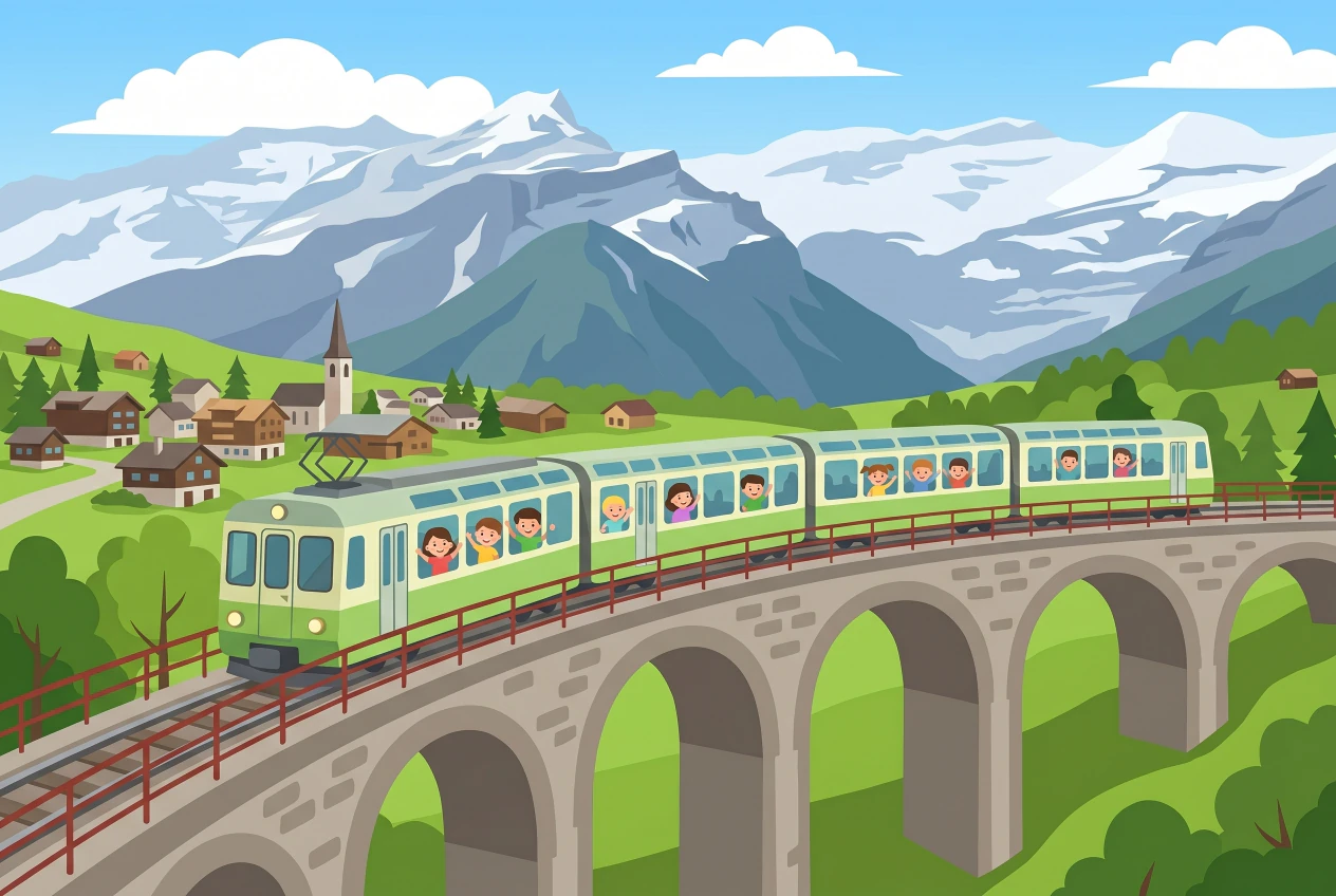 Illustration du train ASD Aigle-Les Diablerets : petit train panoramique vert et crème franchissant un viaduc en arches, village alpin et sommets enneigés des Alpes vaudoises, enfants saluant aux fenêtres