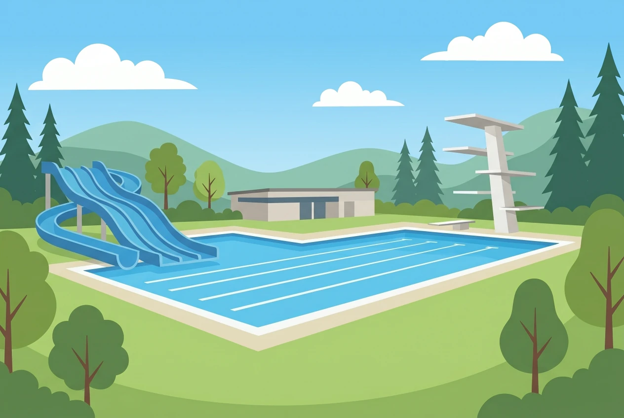 Illustration de la Piscine des Mélèzes à La Chaux-de-Fonds, toboggan et bassins de plein air
