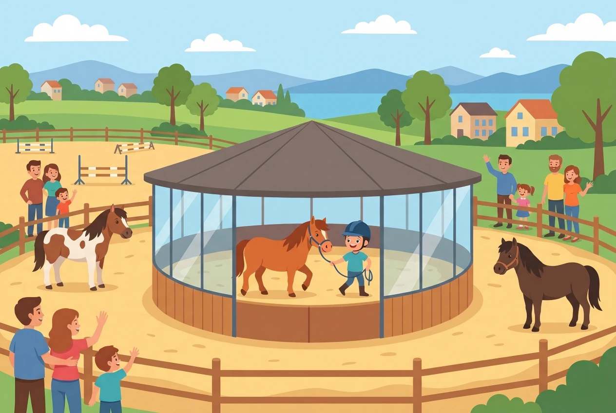 Illustration du Manege de la Sallivaz a Chavannes-de-Bogis : enfant casque qui mene un poney en main devant le manege couvert, autres poneys et familles autour de la carriere
